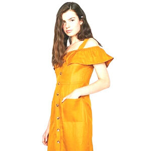 Forever 21 Mustard Flounce Linen Button-Front Mini Dress Size S Fully Lined NWOT